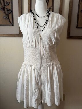 Anthropologie NWT White Zip-Front Smocked-Waist Mini Dress